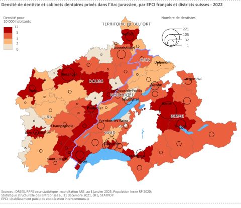 Figure 12 : Densité de dentiste et cabinets dentaires privés dans l’Arc jurassien, par EPCI français et districts suisses