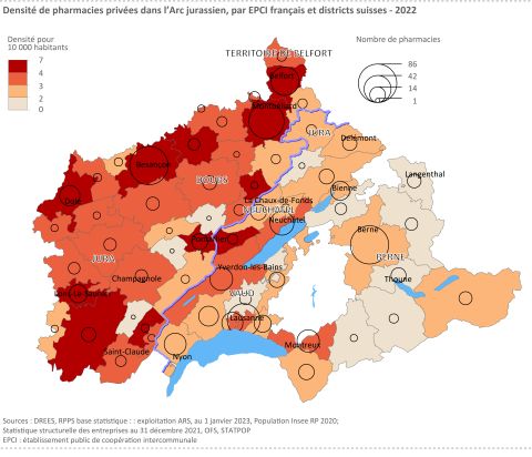 Figure 13 : Densité de pharmacies privées dans l’Arc jurassien, par EPCI français et districts suisses