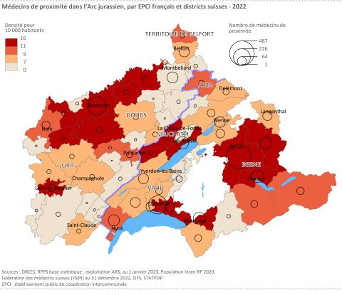 Figure 6 : Médecins de proximité dans l’Arc jurassien, par EPCI français et districts suisses