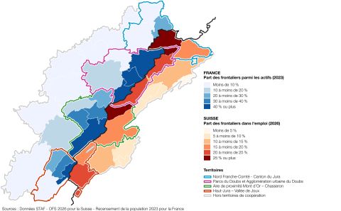 Part des frontaliers parmi les actifs ou les emplois par intercommunalité ou districts en 2023 (France) et 2026 (Suisse)
