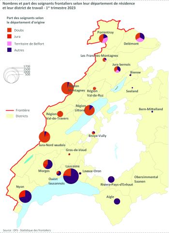 Figure 22 : Nombres et part des soignants frontaliers selon leur département de résidence et leur district de travail