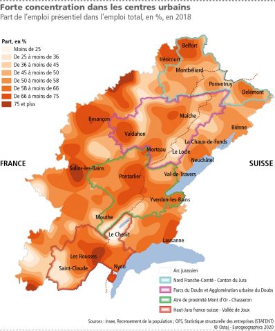 Part de l’emploi présentiel dans l&apos;emploi total, en %, en 2018